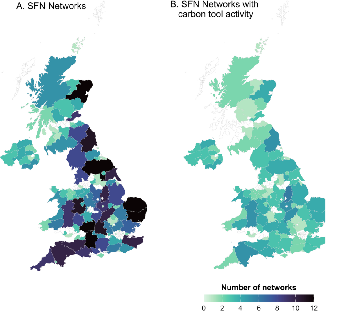 Paired maps showing the geographic reach of participating Sustainable Farm Networks and networks reporting carbon-tool activity